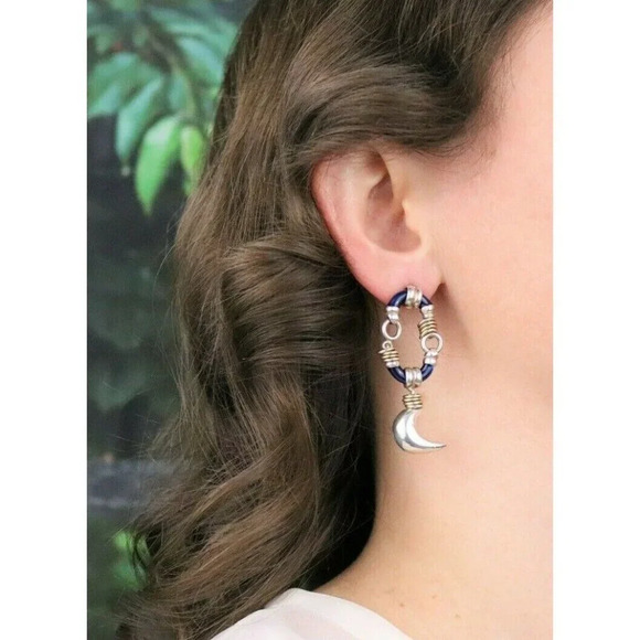 Sterling Silver Blue Crescent Moon Earrings Puffy Moon Dangle Drop Earrings - Picture 3 of 6